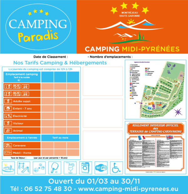 EBCD Signalétique Camping - T002A Camping Paradis MIDI PYRENEES tarif 2020 1450 x 1500